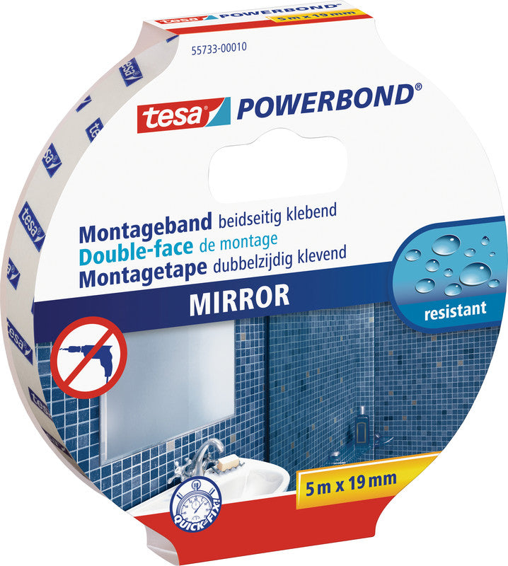 Tesa Powerbond Montageband, extra stark, für Spiegel – 19 mm × 5 m, weiss, bis 5 kg/10 cm