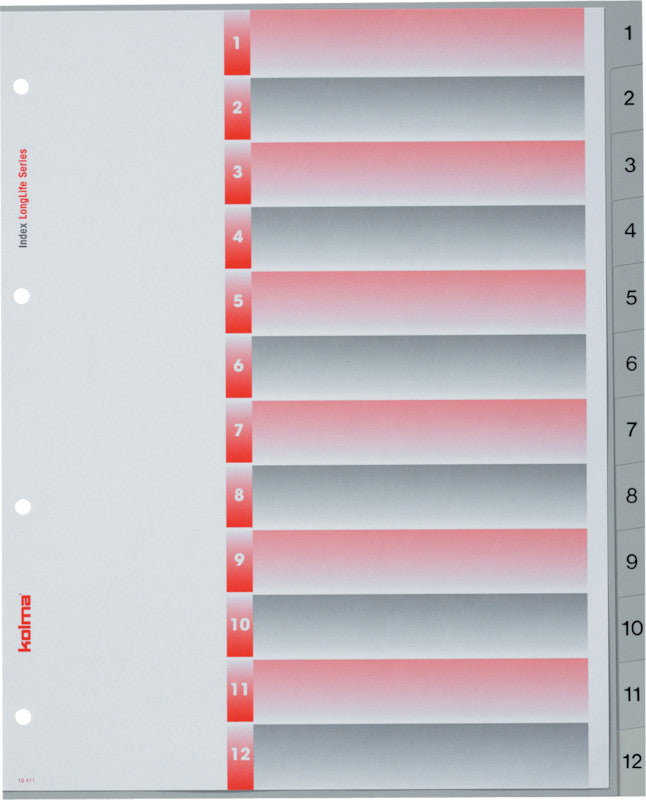 Kolma Register – A4 überbreit, 12-teilig, PVC, grau, vorgedruckt, 4-fach Lochung, für Zeigebuchtaschen