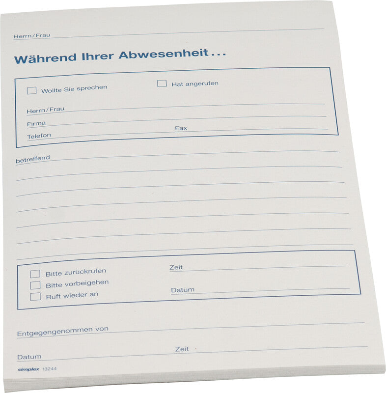 Simplex Formularblock – Abwesenheit, Deutsch, 70 Blatt, A5, Recyclingpapier