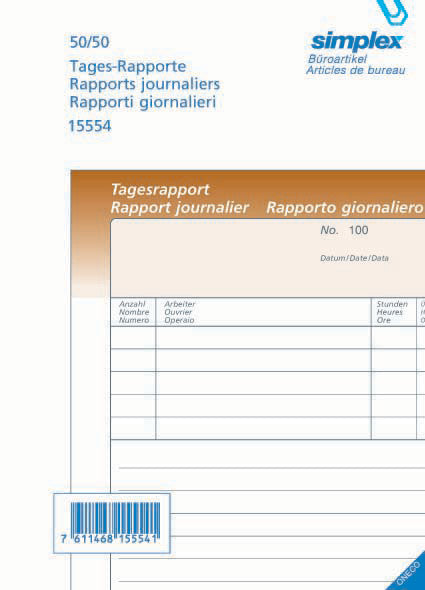 Simplex Formularblock – Tages-Rapporte, mehrsprachig, 50 Blatt, A5