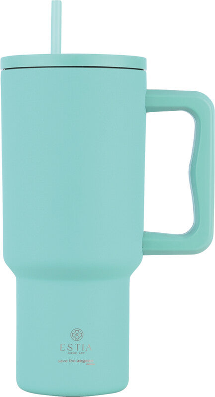 Estia Thermobecher – 9 dl – Edelstahl, isoliert, mit Strohhalm, auslaufsicher – Bermuda Green
