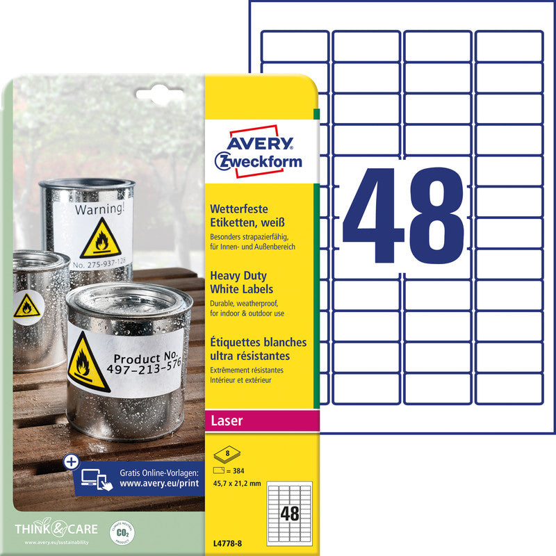 Avery Etiketten, 46 mm × 21 mm, weiss, für Kopierer und Laserdrucker, 384 Etiketten