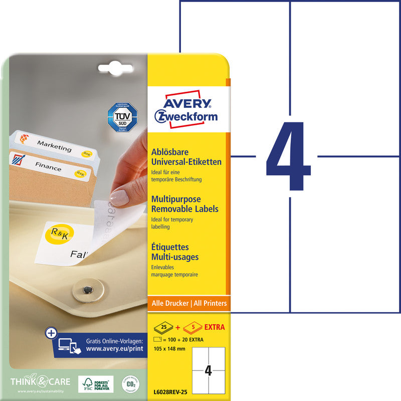 Avery Drucker-Etiketten, 105 mm × 148 mm, weiss, Papier, wiederablösbar, 30 Blatt