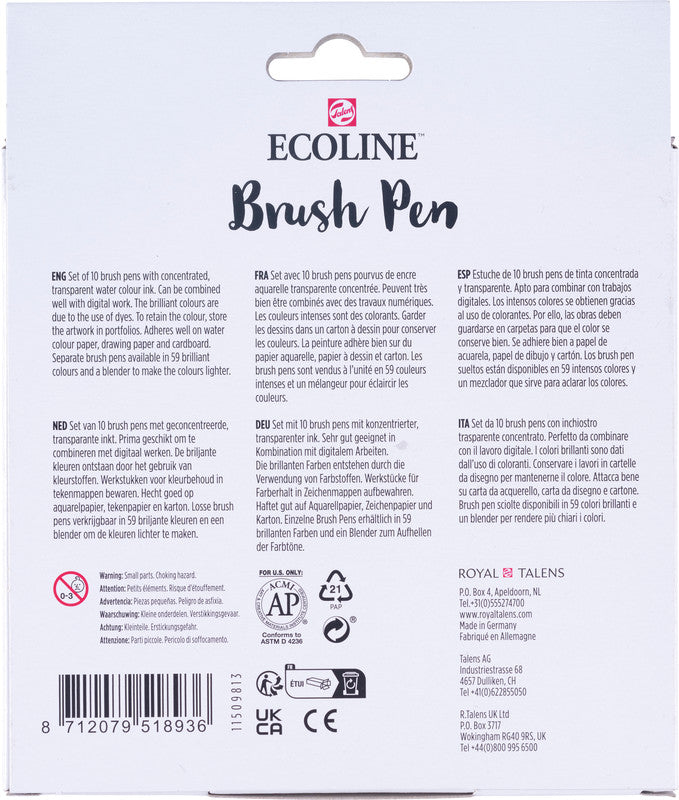 Talens ecoline Pinselstift – farbig sortiert, Kunststoff, 10er-Pack, wasservermalbar, geruchsarm