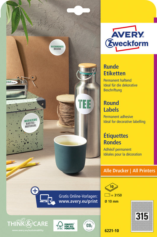 Avery Markierungspunkte Ø 10 mm – Weiss – 315 pro Blatt, 10 Blätter (3'150 Stk.) – Papier, permanent haftend