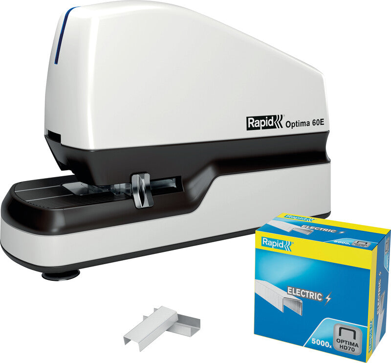 Rapid Optima 60E – Elektrischer Hefter, LED-Klammeranzeige, Einlegetiefe 5-30 mm, Weiss