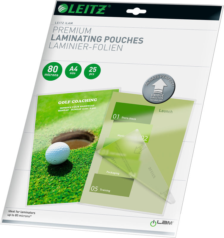 Leitz Laminierfolien A4, glänzend – 80 µm, 216 × 303 mm, 25 Stk.