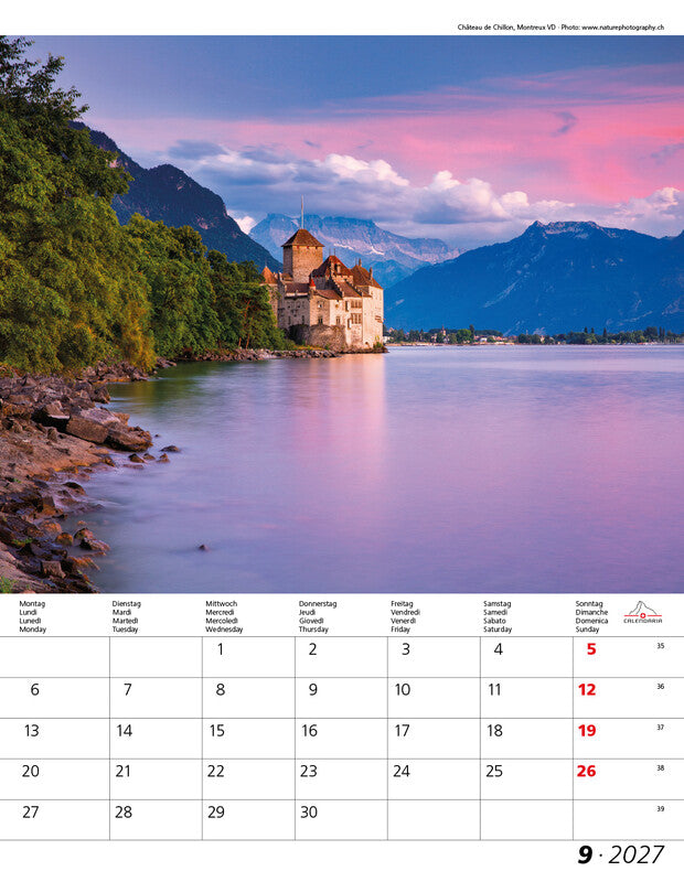 Calendaria Berge und Täler der Schweiz – Bildkalender Schweiz 2027 – 30 × 40 cm – Kalendarium d/f/i/e