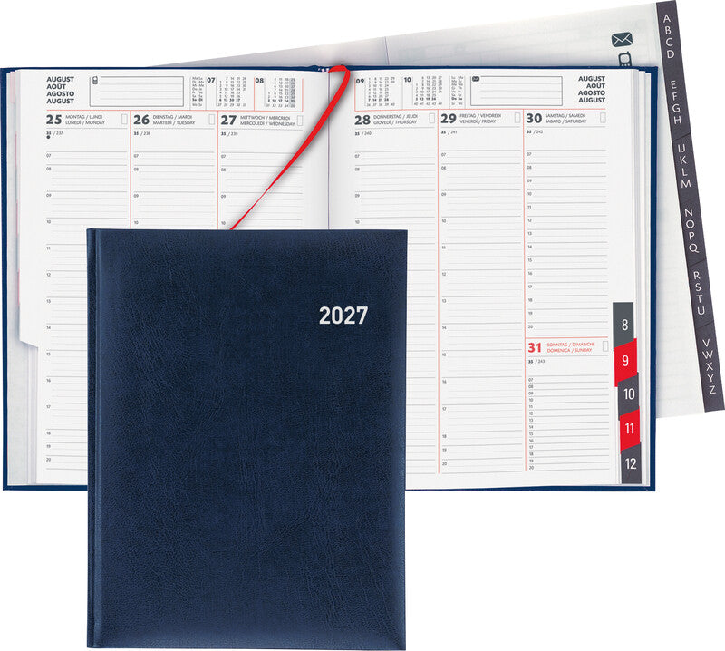 Biella Orario Agenda – 1 Woche/2 Seiten, Gebunden, 17,5 × 23,5 cm, 2027, Mehrsprachig, Dunkelblau, FSC