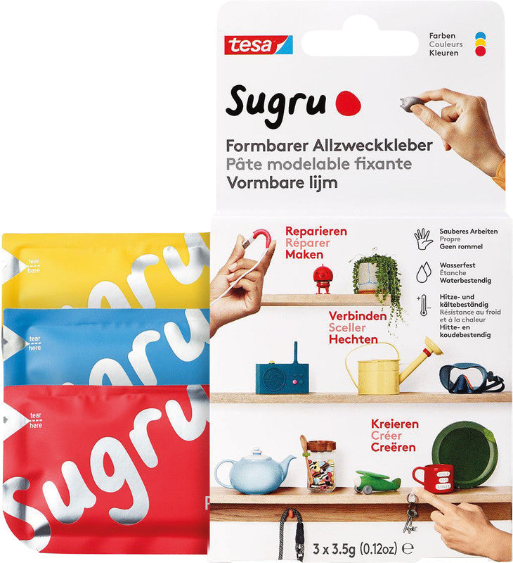 TESA SUGRU Vielzweckkleber – permanent, sortiert, formbar, 30 Min., 3 × 3,5 g, für Glas, Keramik, Holz und mehr