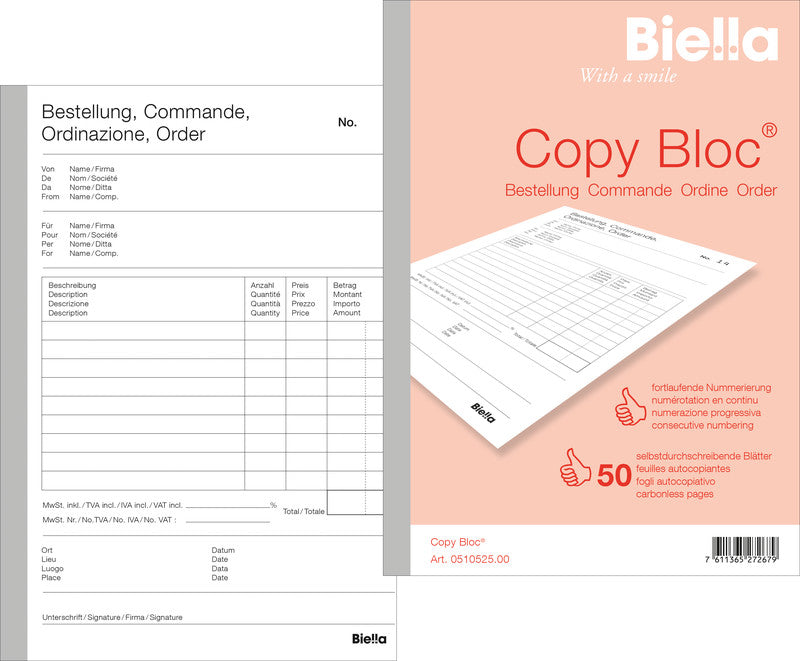 Biella Durchschreibeblock – Bestellschein, mehrsprachig, 50 Blatt, A5