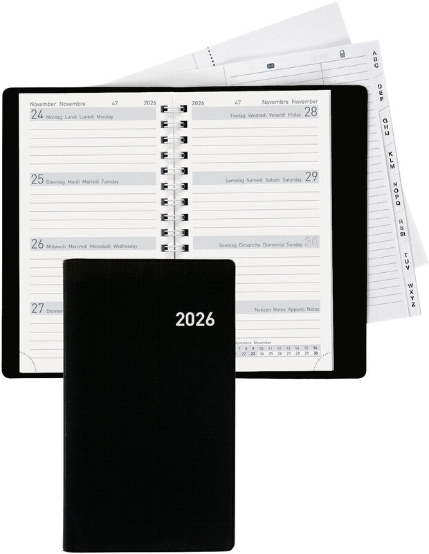 Biella Brüssel Agenda – 1 Woche/2 Seiten, Spiralbindung, 8,5 × 15,3 cm, 2026, Schwarz, FSC