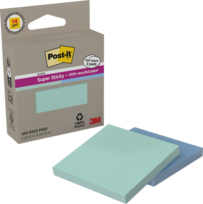 Post-it Super Sticky Haftnotizen – 76×76 mm – Mint, Blau, 2×70 Blatt