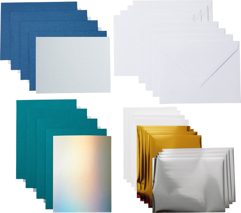 Cricut Kartenset – 8 Doppelkarten, 8 Einklebekarten, 8 Folientransferblätter, 8 weisse Briefumschläge