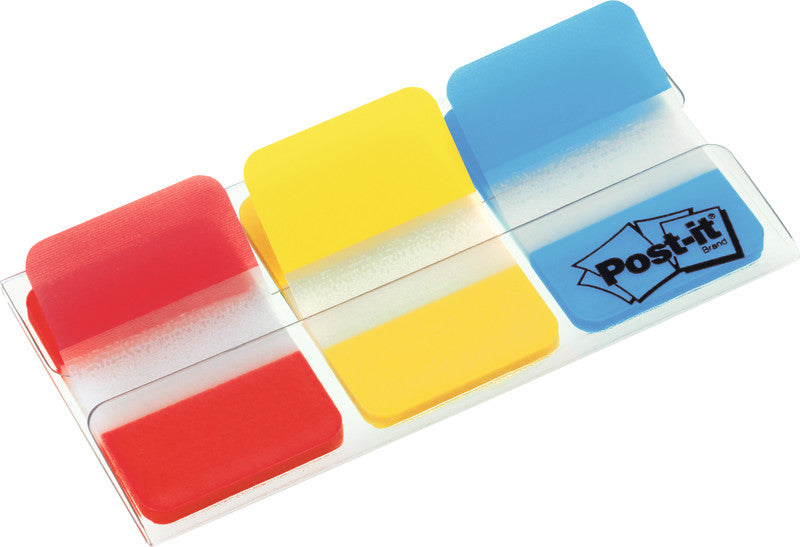 Post-it Indexstreifen Strong – 25,4×38 mm – sortiert (rot, gelb, blau), 3×22 Stück, mit Dispenser