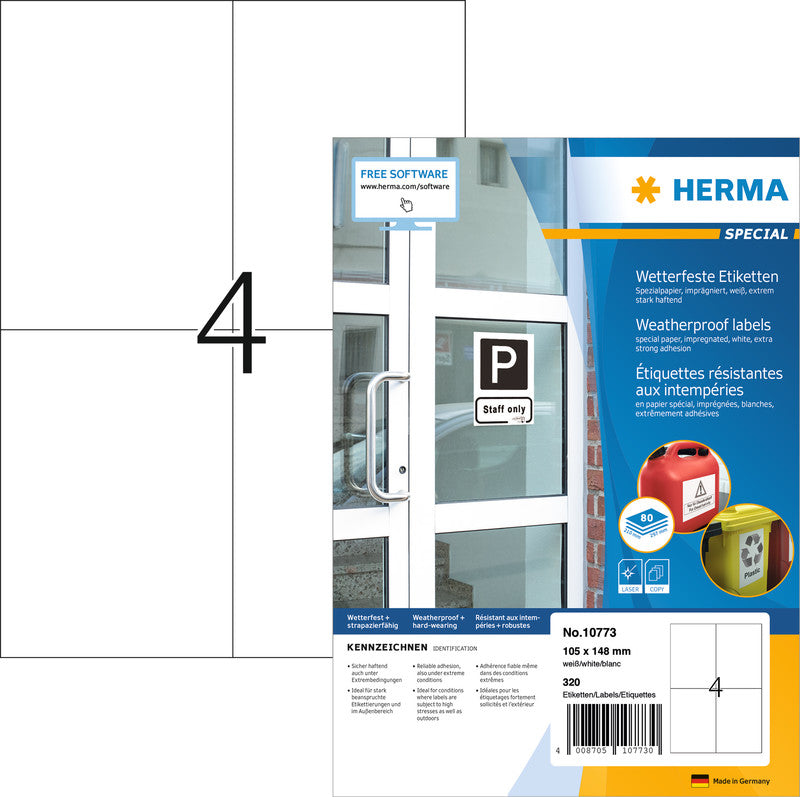 HERMA Drucketiketten, 105 mm × 148 mm, weiss, Folie, extra stark, 80 Blätter (320 Etiketten)