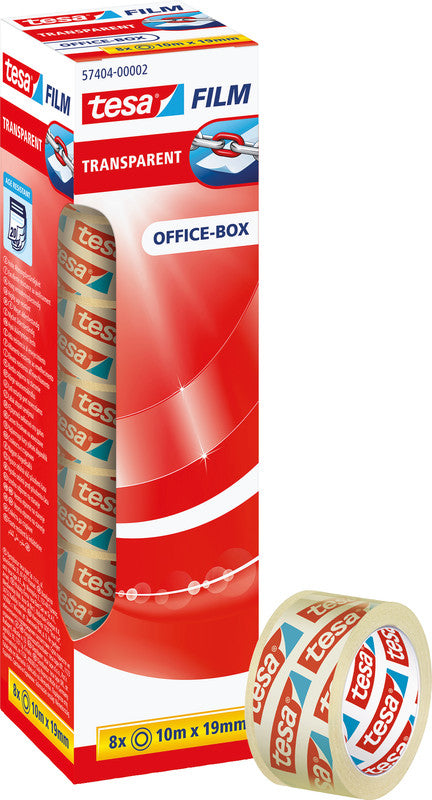 TESA Büro-Klebeband – permanent, klar, Kunststoff, 19 mm × 10 m, Kern Ø 26 mm, 8 Rollen