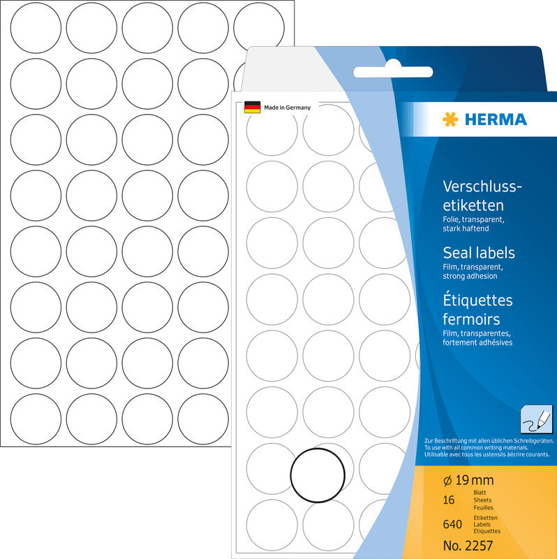 HERMA Schmucketiketten – Folie, transparent, Ø 19 mm, 640 Stk, 16 Bogen, stark haftend