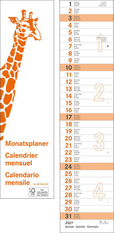 Giraffenkalender Giraffen-Kalender 2027 – 12 × 55 cm – mit Datumschieber, mit Aufhänger