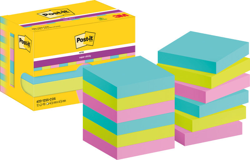 Post-it Super Sticky Haftnotizen – 47,6×47,6 mm – sortiert, 12×90 Blatt, PEFC