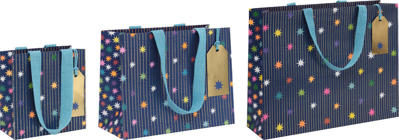 Glick Geschenktasche 'Star Garland Navy' – 22,5 × 10 × 17,5 cm, Papier, mit Stoffband, mehrfarbig, mit Folienprägung