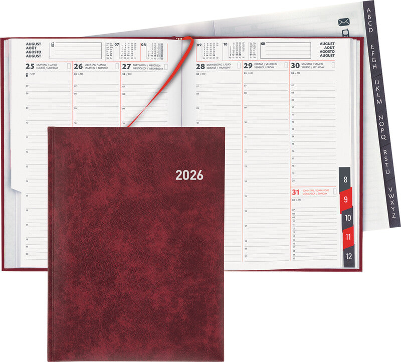 Biella Orario Geschäftsagenda – 1 Woche/2 Seiten, gebunden, 17,5 × 23,5 cm, 2026, Weinrot, FSC