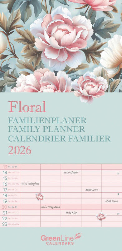 Noname teNeues Familienplaner GreenLine Floral – für Familien – 5 Spalten – dreisprachig d/f/gb – 2026 – 22 × 45 cm