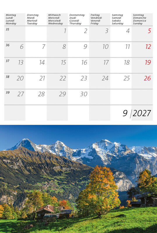 Calendaria Kleiner Schweizer – Bildkalender Schweiz 2027 – 14,8 × 22 cm – Kalendarium d/f/i/e – 12 Postkarten