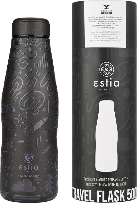 Estia Trinkflasche – 5 dl – Edelstahl, isoliert, Schraubverschluss, auslaufsicher, BPA-frei – Noir Echo