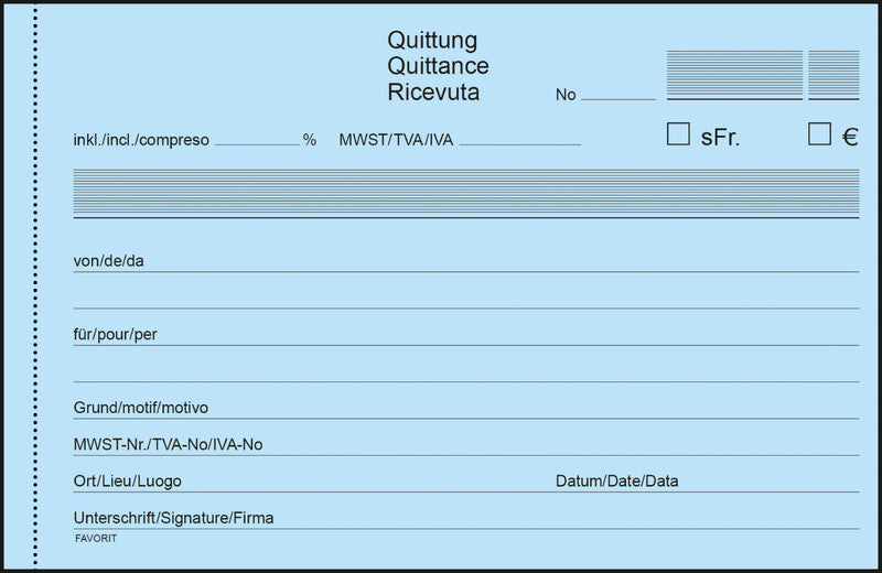 Favorit Formularblock – Quittungen, mehrsprachig, 50 Blatt, A6