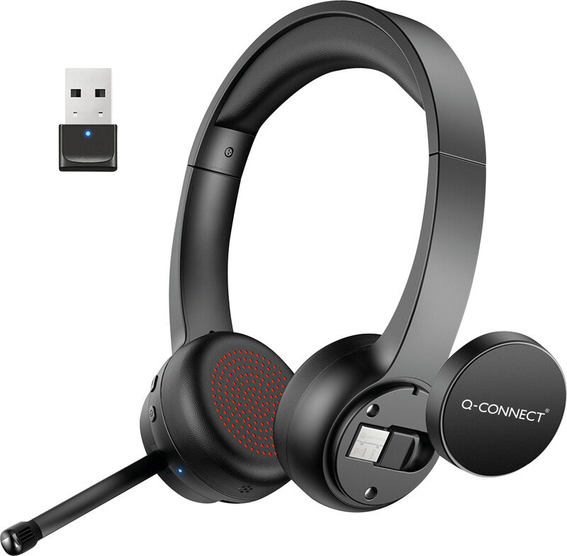 Q-connect Duo Headset – Bluetooth, Noise-Cancelling Mikrofon, Stummschalter – Schwarz – bis 35 h Sprechzeit