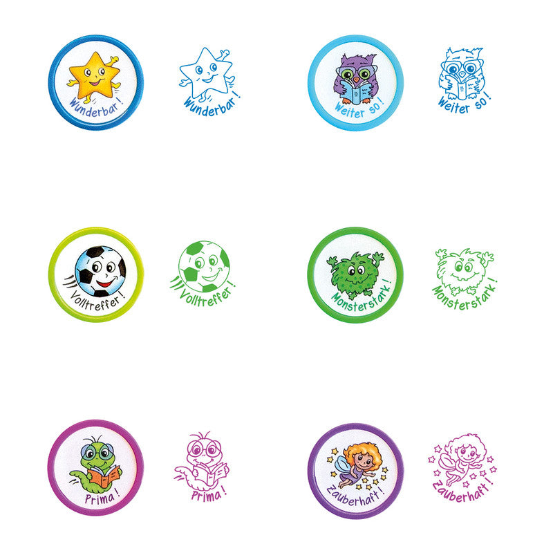 Trendhaus Lehrerstempel-Set Monsterstark und Zauberhaft – 12er-Set, selbstfärbend, Kunststoff, Ø 26 mm