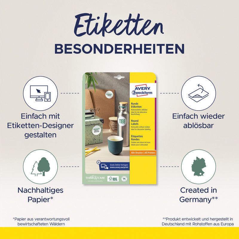 Avery Runde Etiketten, Ø 80 mm, weiss, Papier, wiederablösbar, 60 Etiketten (10 Blätter)