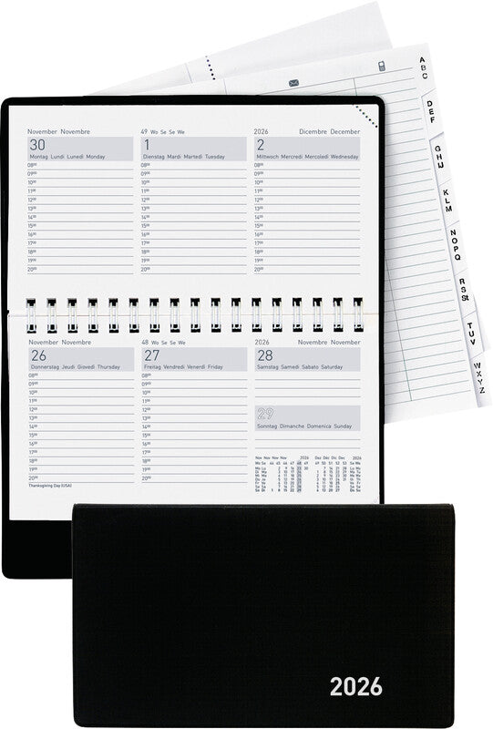 Biella Terminet Agenda – 1 Woche/2 Seiten, Wire-O, 15,3 × 8,5 cm, 2026, mehrsprachig, schwarz, FSC