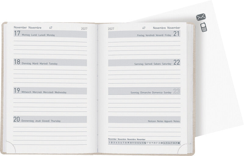 Biella Memento Agenda – 1 Woche/2 Seiten, gebunden, 10,1 × 14,2 cm, 2027, Beige, FSC