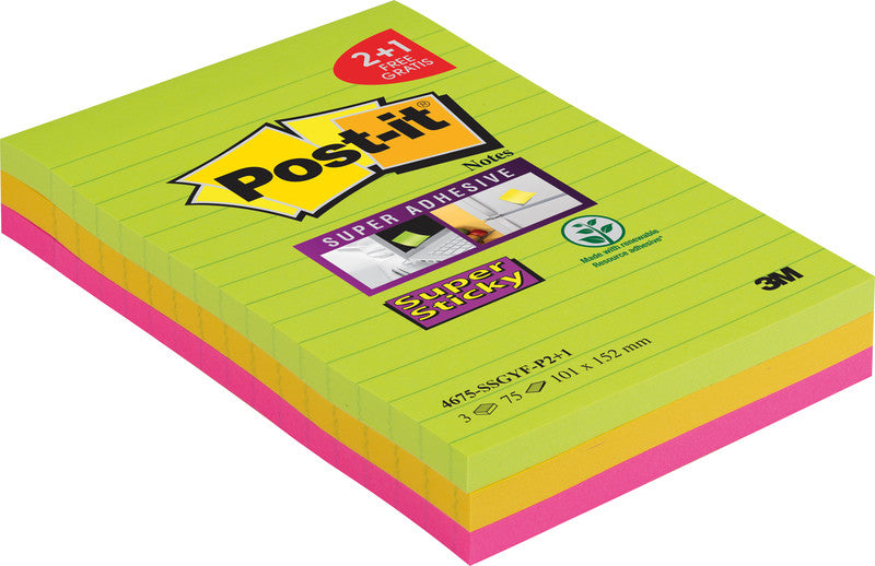 Post-it Super Sticky Haftnotizen – 101×152 mm – sortiert (neongrün, ultragelb, ultrapink), 3×75 Blatt, PEFC