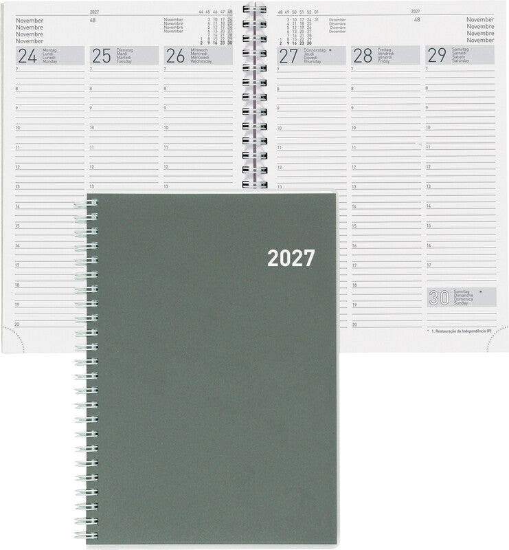 Biella Terminia Agenda – 1 Woche/2 Seiten, Wire-O, 14,5 × 20,5 cm, 2026, mehrsprachig, grau, FSC