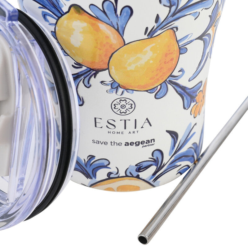 Estia Thermobecher 350 ml – doppelwandig 6 h heiss/12 h kalt, Druckknopfdeckel, Edelstahl, Amalfi Coast