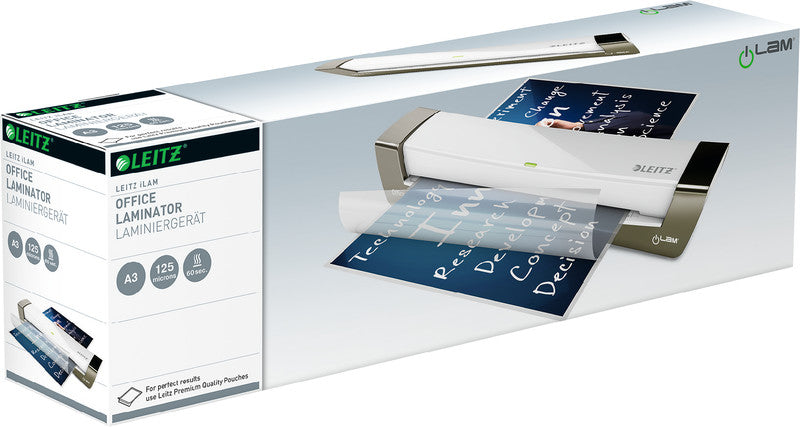 Leitz iLAM Office 1 Laminiergerät A3 – 2-Rollen, 80–125 µm, 1 Min. Aufheizzeit, 400 mm/min, Silber