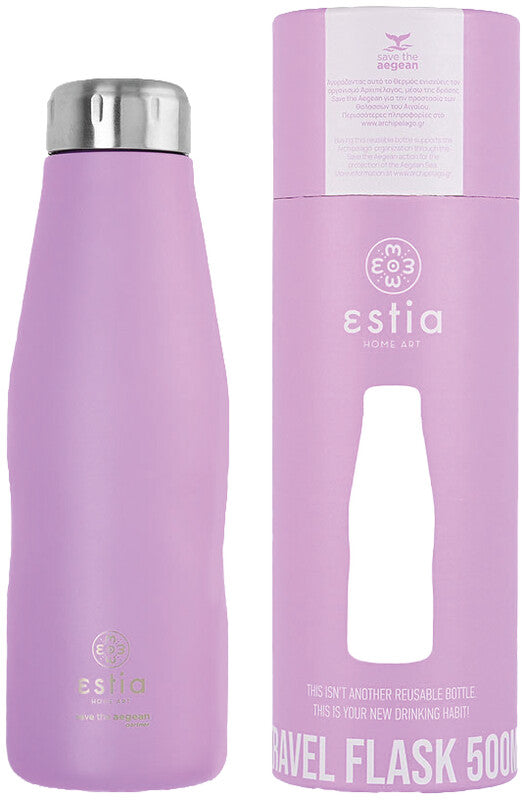 Estia Isolier-Trinkflasche – 0,5 l, Edelstahl, doppelwandig, auslaufsicher, Motiv Lavendelviolett