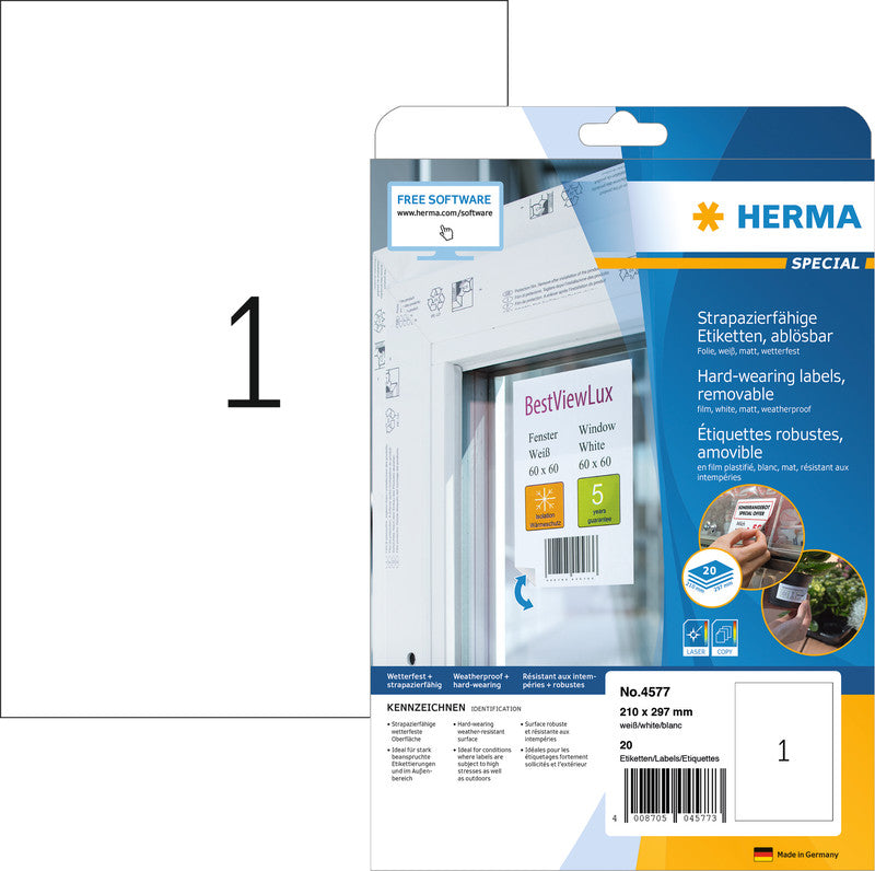 HERMA Drucketiketten, 210 mm × 297 mm, weiss, Folie, extra stark, 20 Blatt