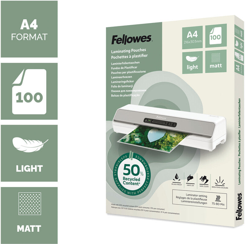 Fellowes Laminierfolien A4 – 80 µm, matt, 100 Stück