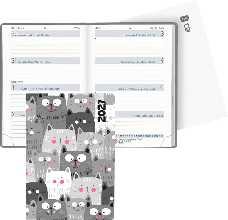 Biella Trend Agenda – 1 Woche/2 Seiten, gebunden, 7,6 × 11 cm, Jan–Dez, mehrsprachig, Katzen, FSC