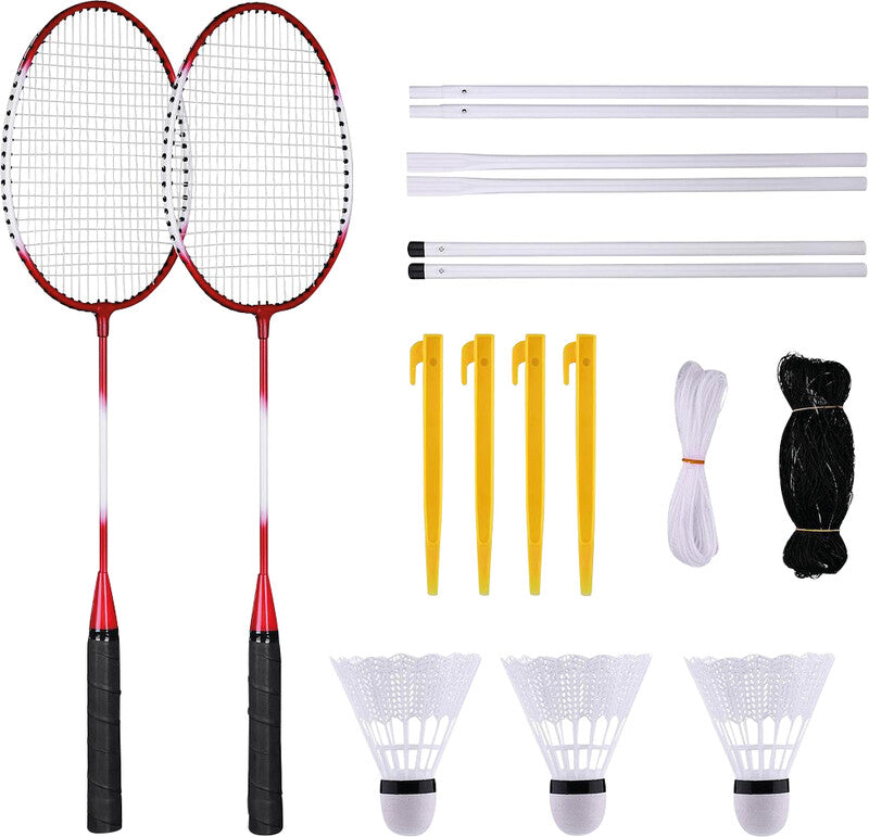 Champ Badminton-Set – für 4 Spieler, inkl. 4 Schläger, 3 Nylon-Federbälle, Netz – 20,5 × 66 cm
