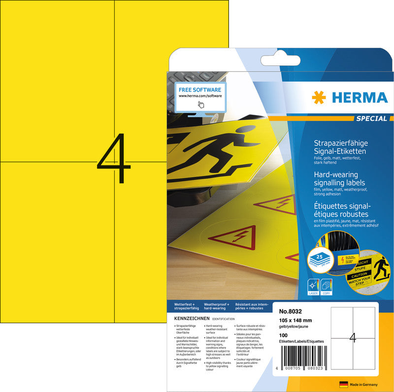 HERMA Druckeretiketten, 105 mm × 148 mm, gelb, Folie, extra stark haftend, Packung à 25 Blatt
