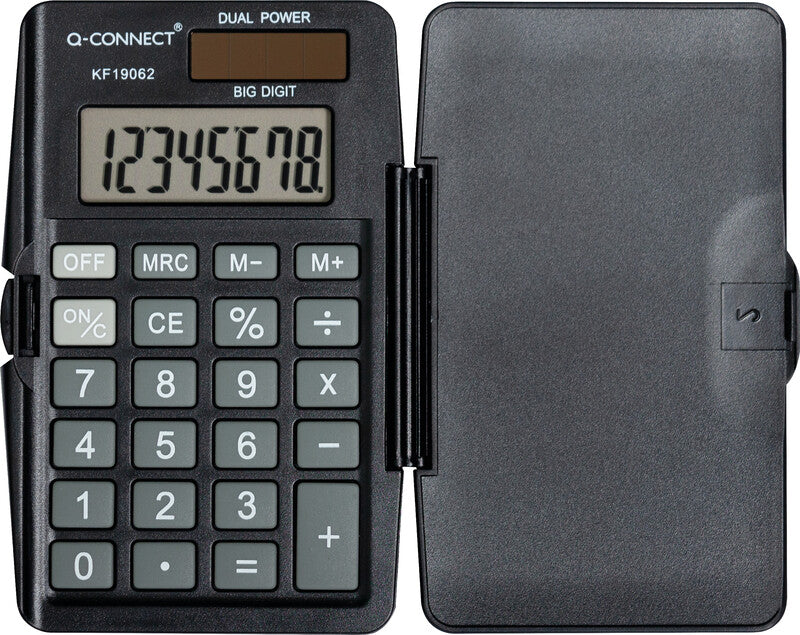 Q-connect Taschenrechner KF19062 – 8-stellig, LCD, Prozent, Solar + Batterie, 61×94×10 mm