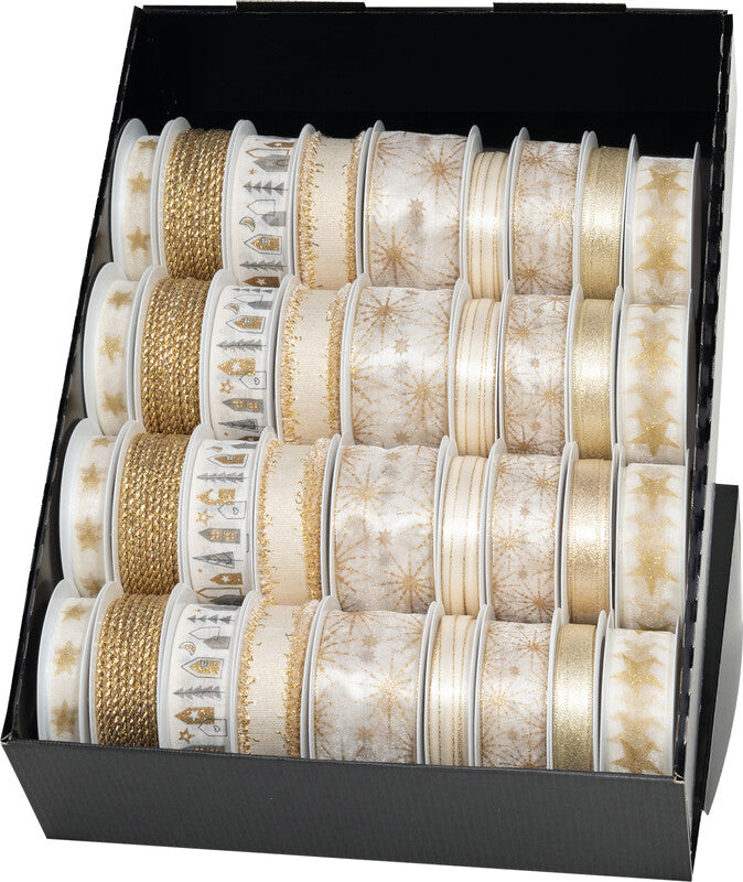 Goldina Geschenkband – Weihnachten – Seide, 36 Rollen (verschiedene Breiten/Längen) – Gold/Creme