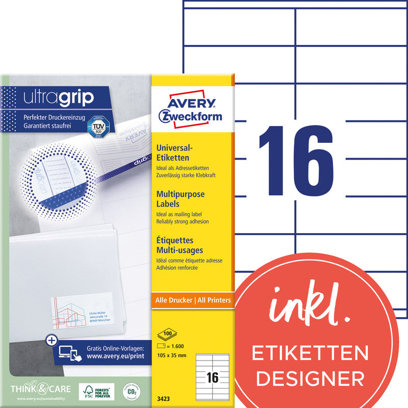 Avery Druckeretiketten, 105 mm × 35 mm, weiss, Papier, selbstklebend, 100 Blätter (1600 Etiketten)