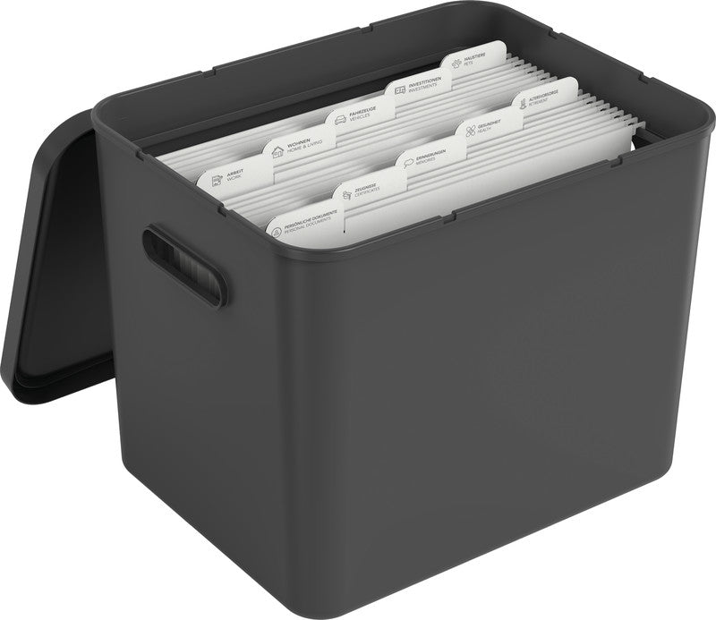 Rotho My Paper Archivbox A4 – mit Deckel, mit Griffloch, stapelbar, 400 × 290 × 295 mm, schwarz