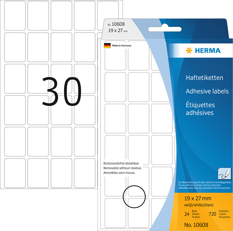 HERMA Schuletiketten – 19×27 mm, Abgerundete Ecken, 720 Stk, 24 Bogen, Papier, Ablösbar